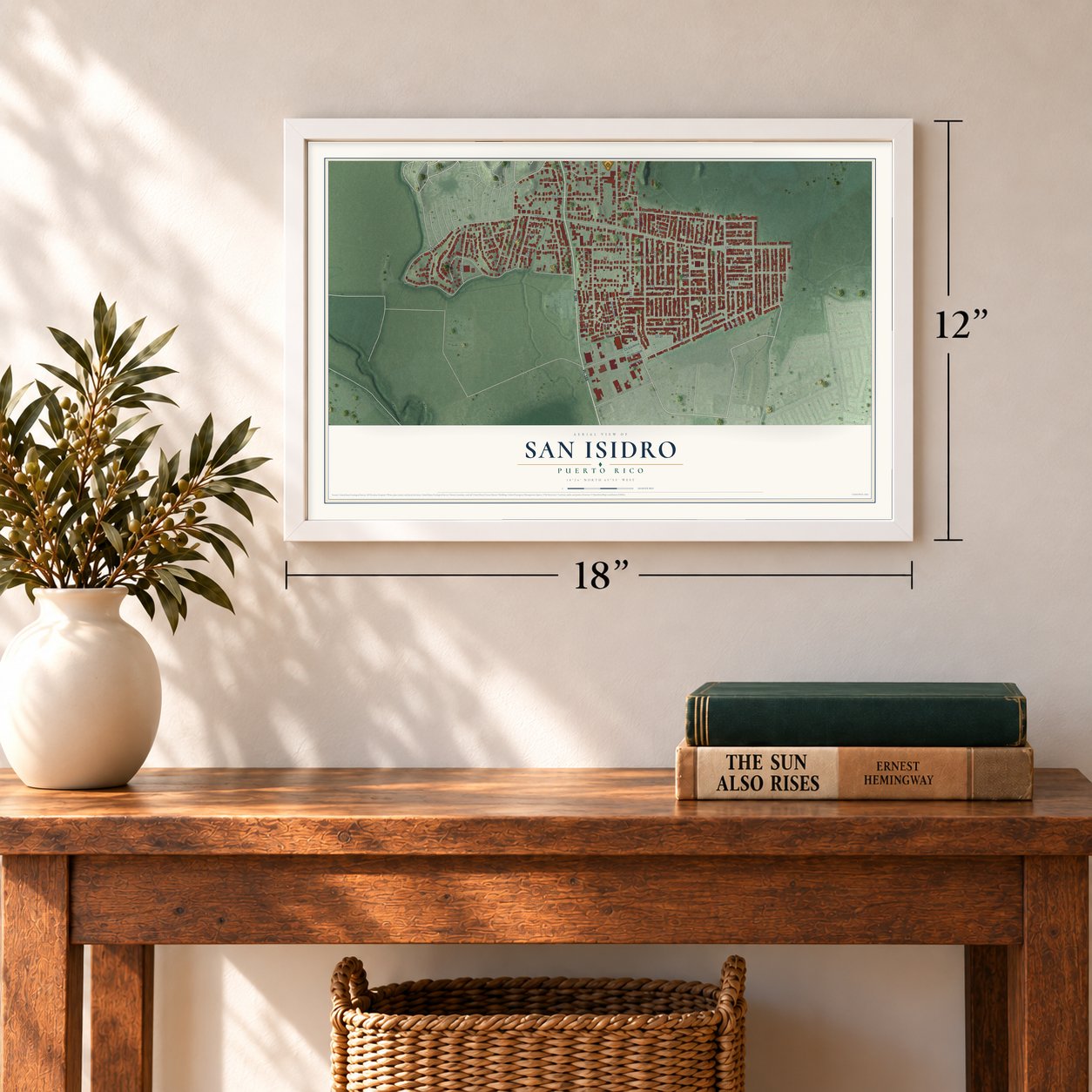 San Isidro, Puerto Rico map, 12 x 18 inch print in a white frame in an entryway