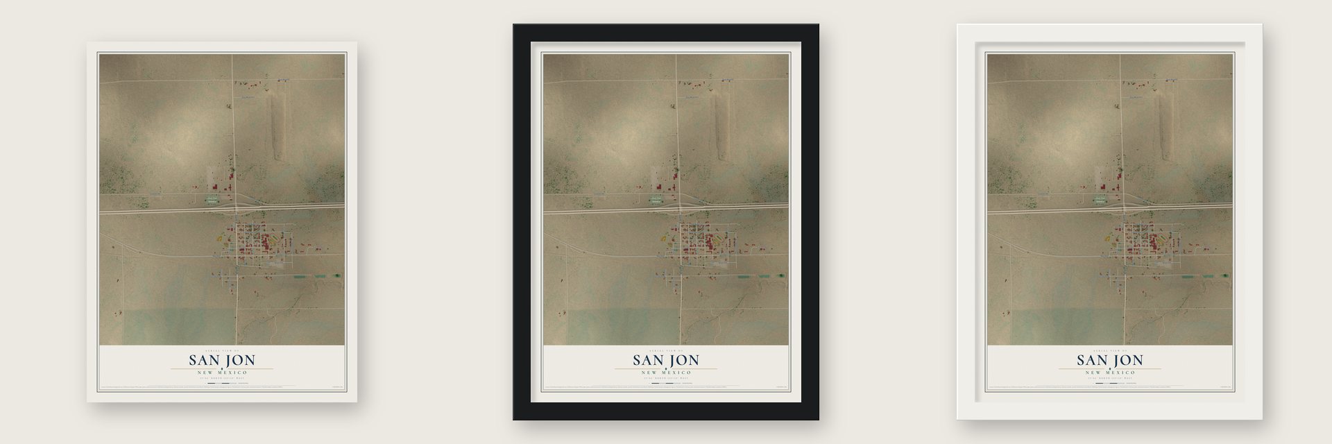 San Jon, New Mexico map unframed, in a black wood frame and in a white wood frame