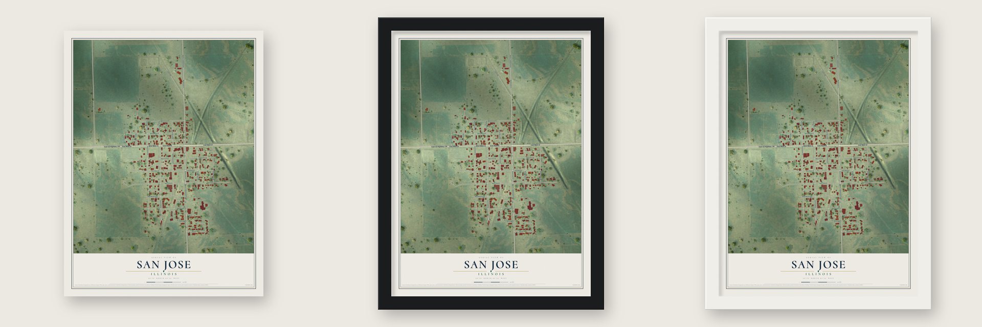 San Jose, Illinois map unframed, in a black wood frame and in a white wood frame