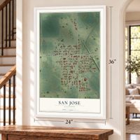 San Jose, Illinois map, 24 x 36 inch print in a white frame by a staircase