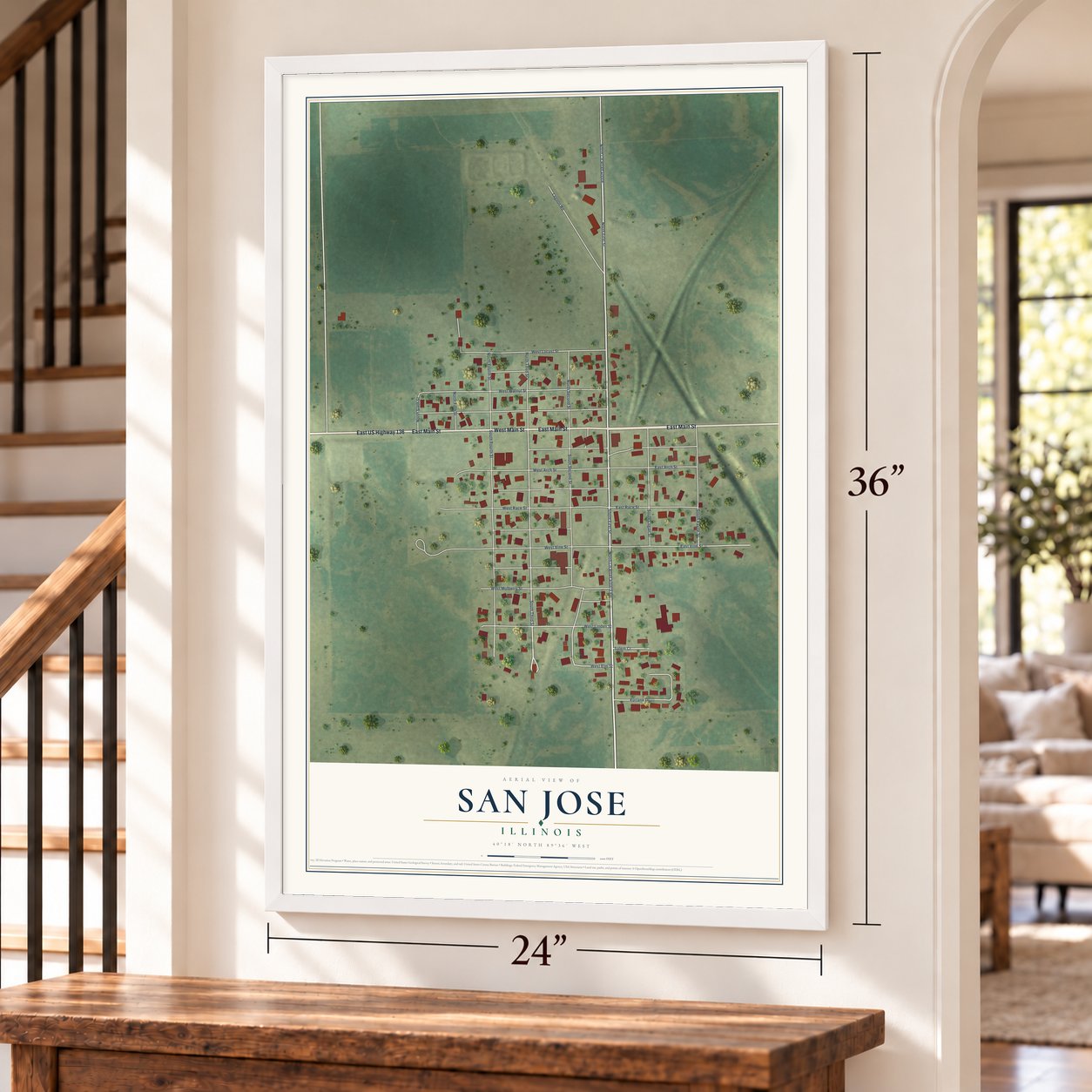 San Jose, Illinois map, 24 x 36 inch print in a white frame by a staircase