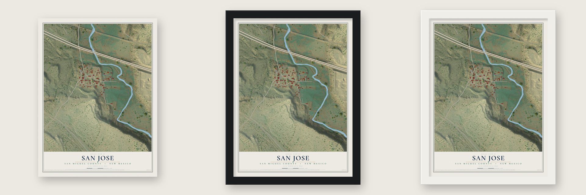 San Jose, San Miguel County, New Mexico map unframed, in a black wood frame and in a white wood frame