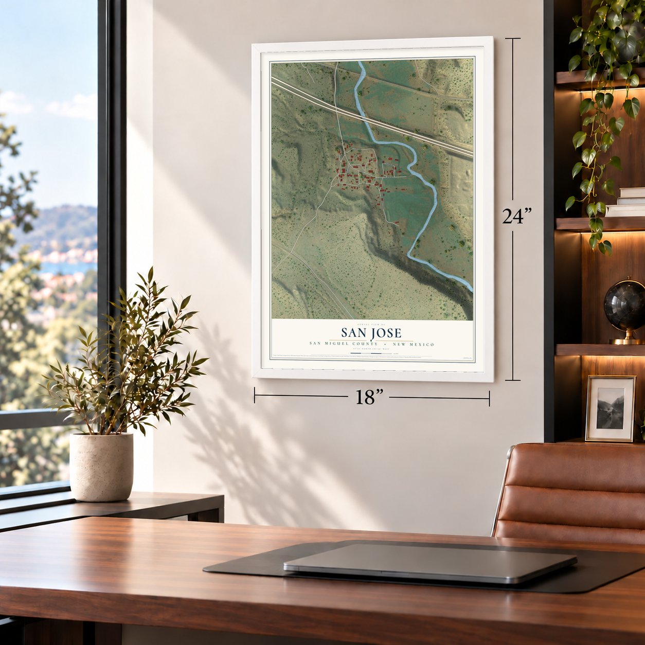 San Jose, San Miguel County, New Mexico map, 18 x 24 inch print in a white frame in a home office