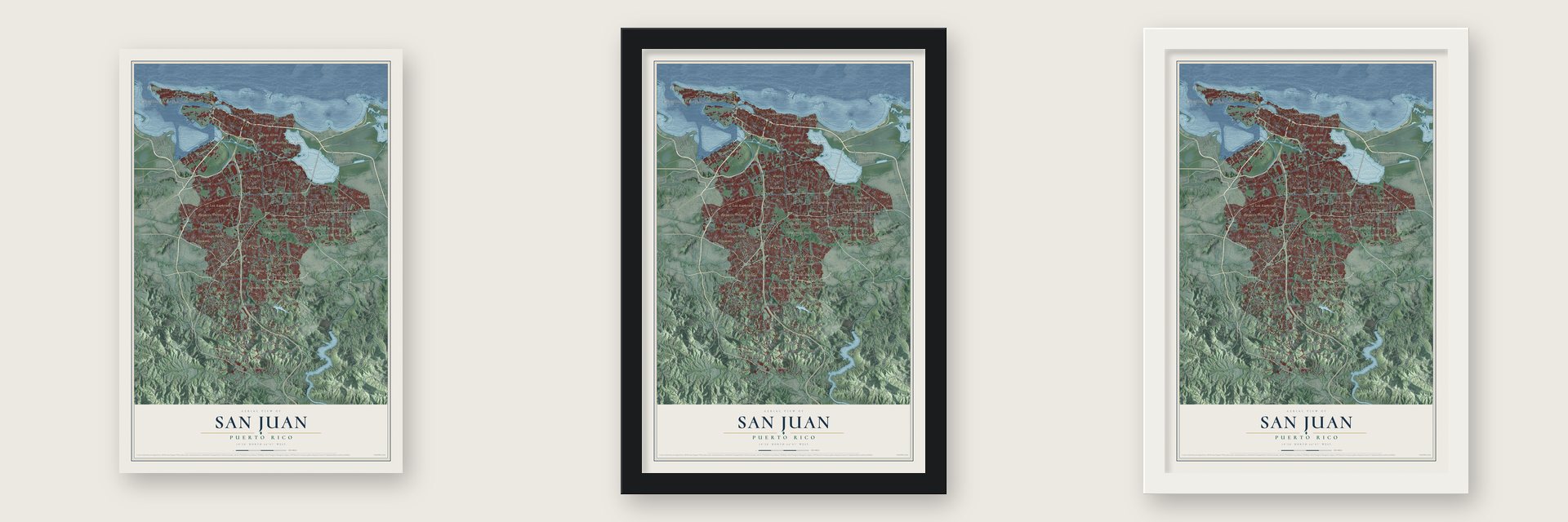 San Juan, Puerto Rico map unframed, in a black wood frame and in a white wood frame