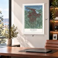 San Juan, Puerto Rico map, 18 x 24 inch print in a white frame in a home office