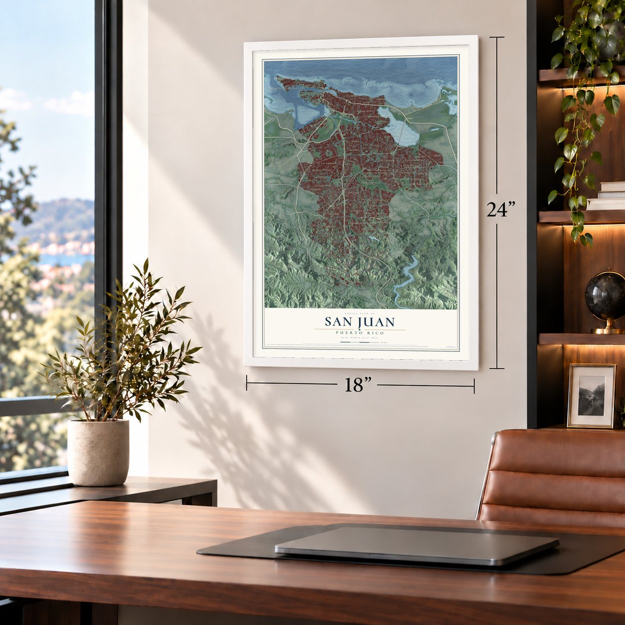 San Juan, Puerto Rico map, 18 x 24 inch print in a white frame in a home office