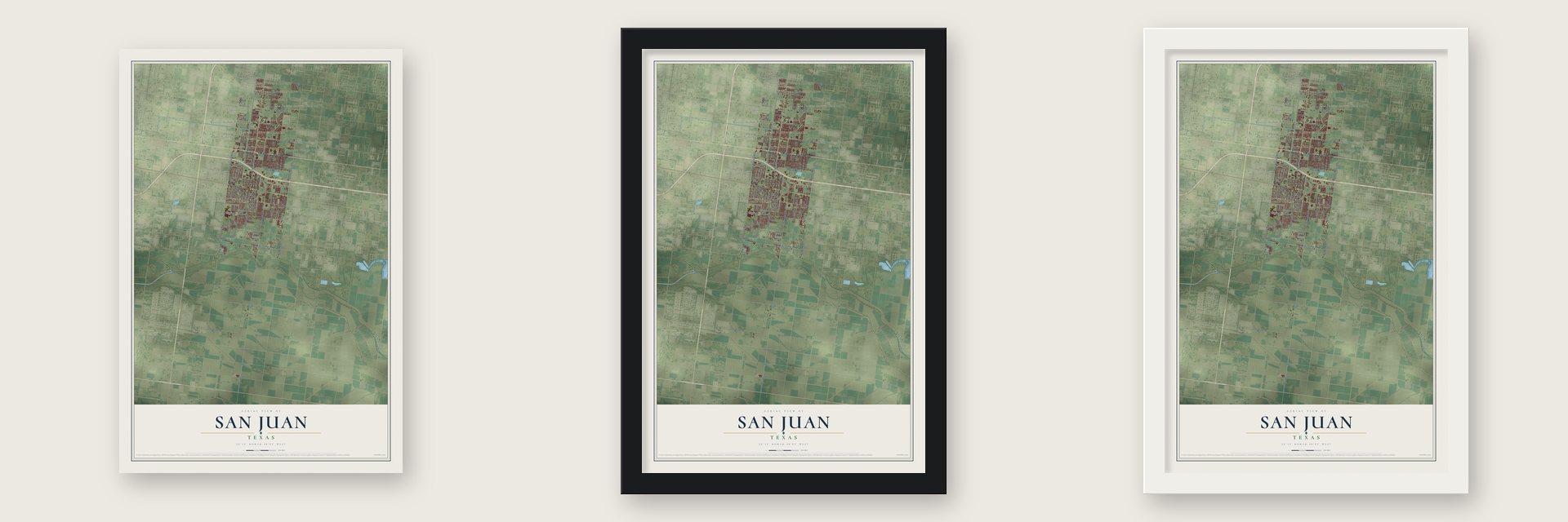 San Juan, Texas map unframed, in a black wood frame and in a white wood frame