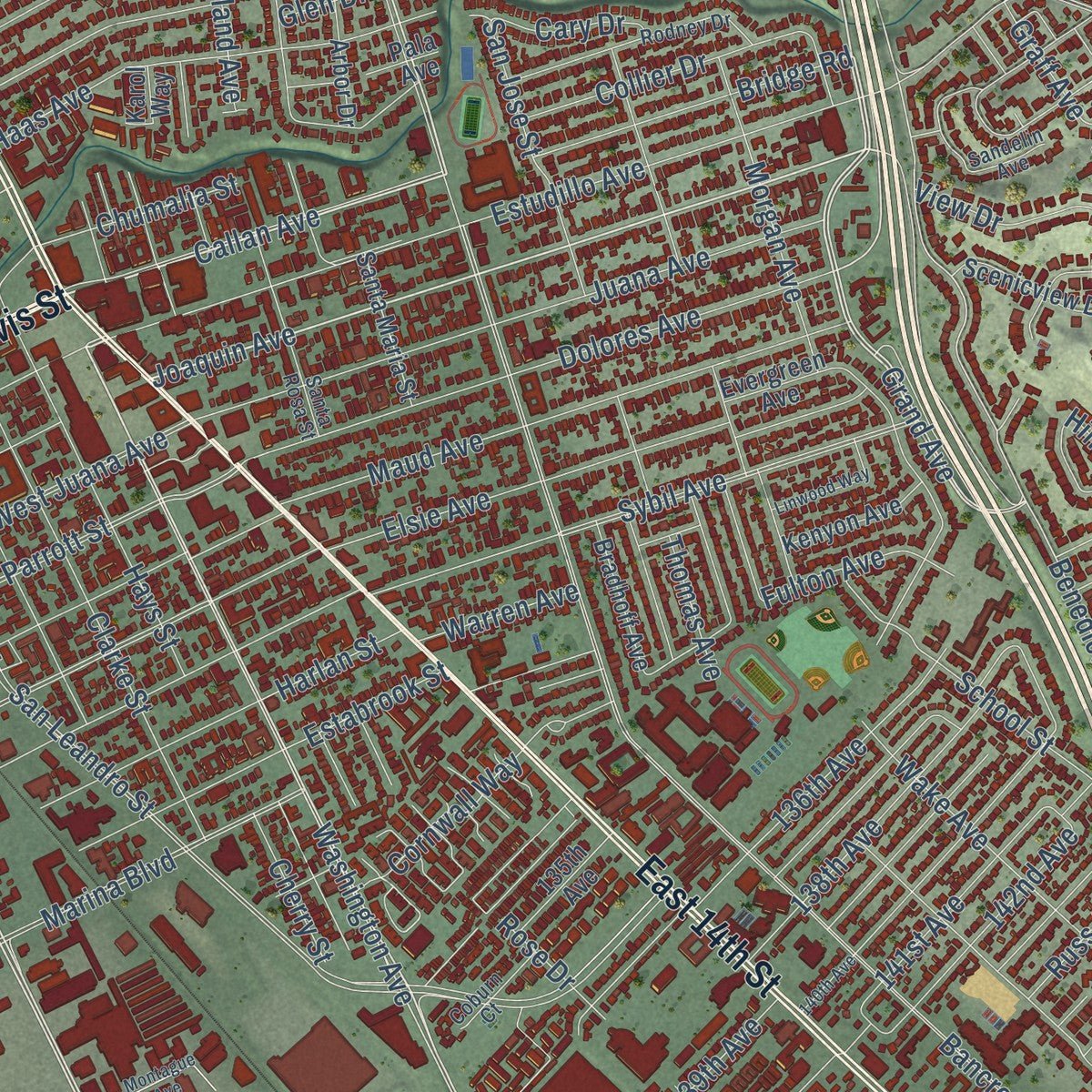 Second close-up of the map of San Leandro, California print showing more streets and buildings