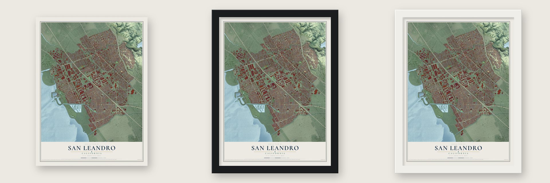 San Leandro, California map unframed, in a black wood frame and in a white wood frame