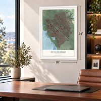 San Leandro, California map, 18 x 24 inch print in a white frame in a home office