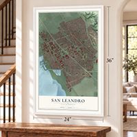 San Leandro, California map, 24 x 36 inch print in a white frame by a staircase