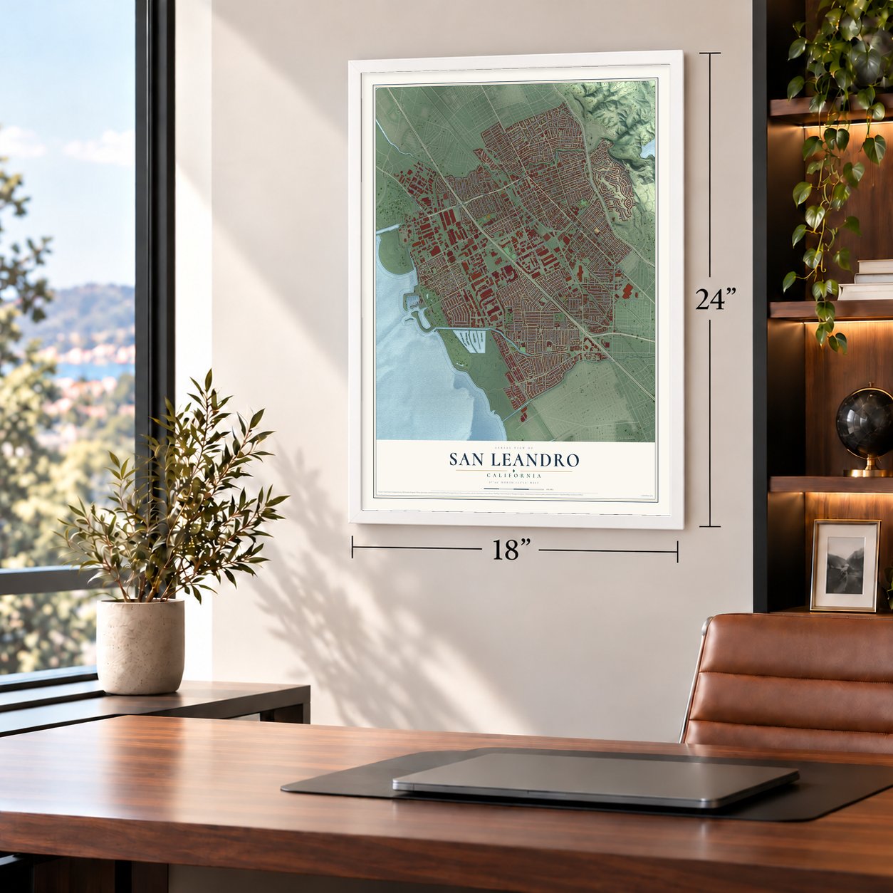 San Leandro, California map, 18 x 24 inch print in a white frame in a home office