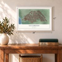 San Lorenzo, California map, 12 x 18 inch print in a white frame in an entryway