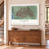 San Lorenzo, California map, 24 x 36 inch print in a white frame above a dresser by a staircase
