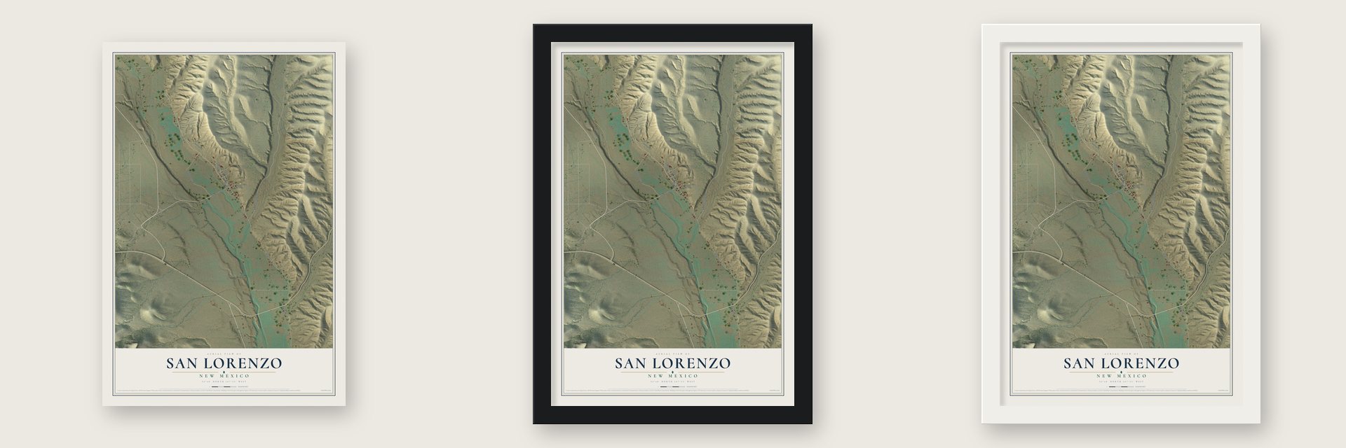 San Lorenzo, New Mexico map unframed, in a black wood frame and in a white wood frame