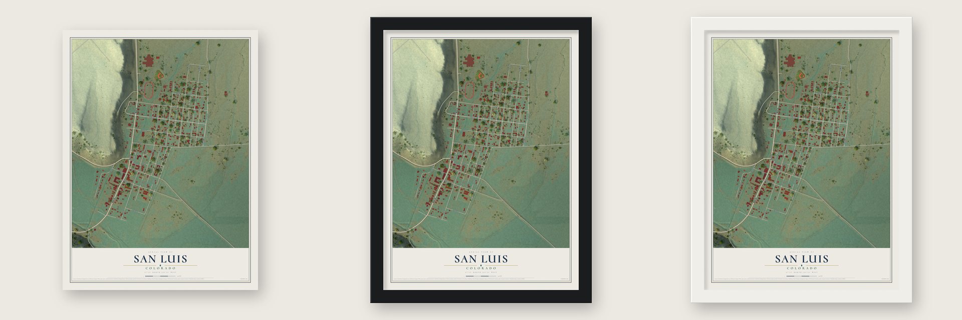 San Luis, Colorado map unframed, in a black wood frame and in a white wood frame