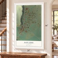San Luis, Colorado map, 24 x 36 inch print in a white frame by a staircase