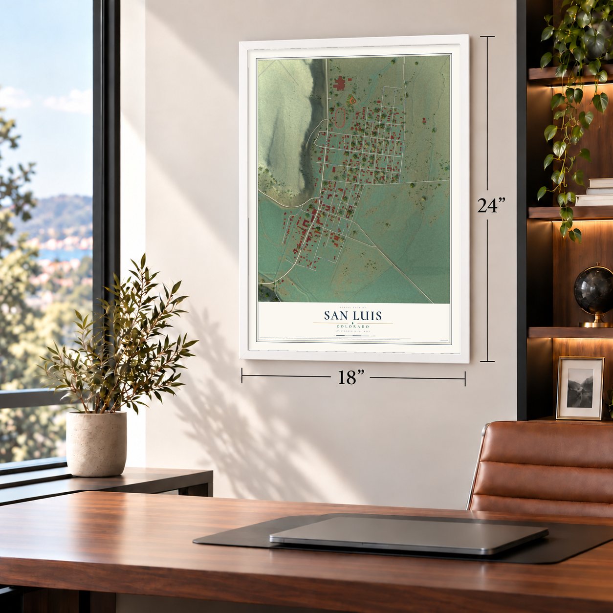 San Luis, Colorado map, 18 x 24 inch print in a white frame in a home office