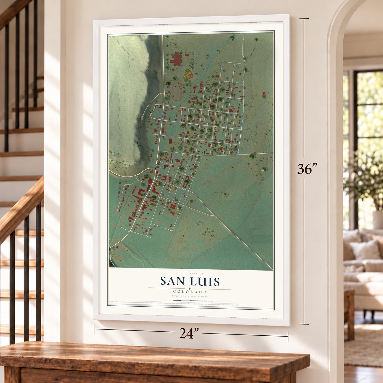 San Luis, Colorado map, 24 x 36 inch print in a white frame by a staircase