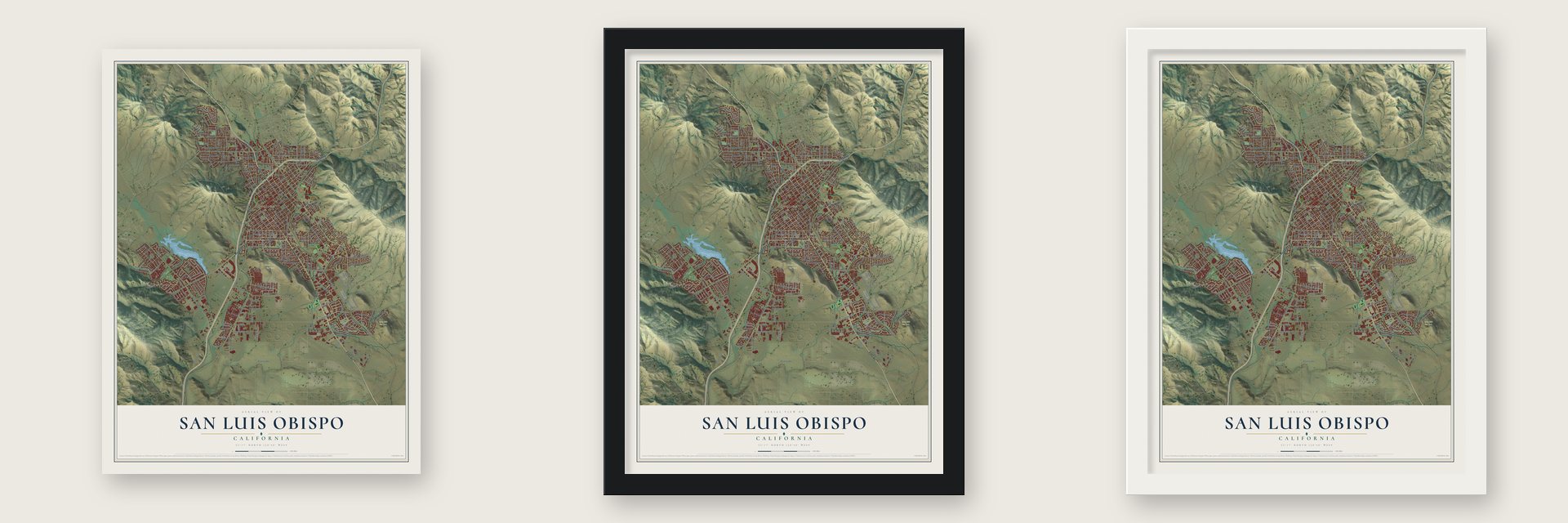 San Luis Obispo, California map unframed, in a black wood frame and in a white wood frame