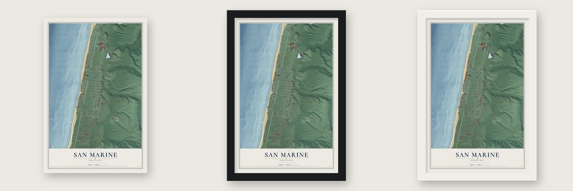 San Marine, Oregon map unframed, in a black wood frame and in a white wood frame