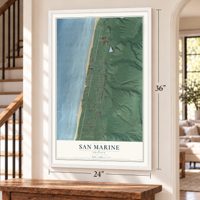 San Marine, Oregon map, 24 x 36 inch print in a white frame by a staircase