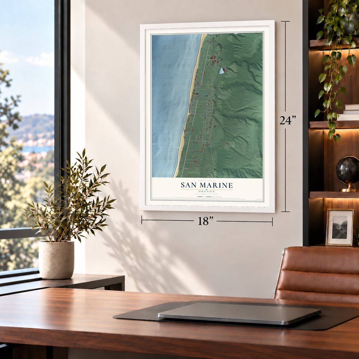 San Marine, Oregon map, 18 x 24 inch print in a white frame in a home office