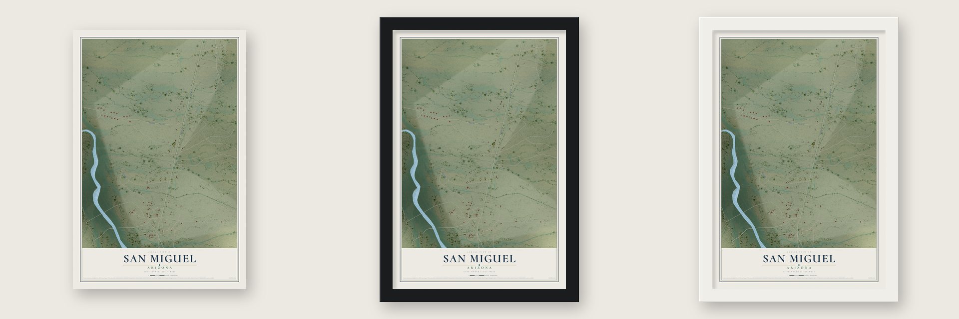 San Miguel, Arizona map unframed, in a black wood frame and in a white wood frame