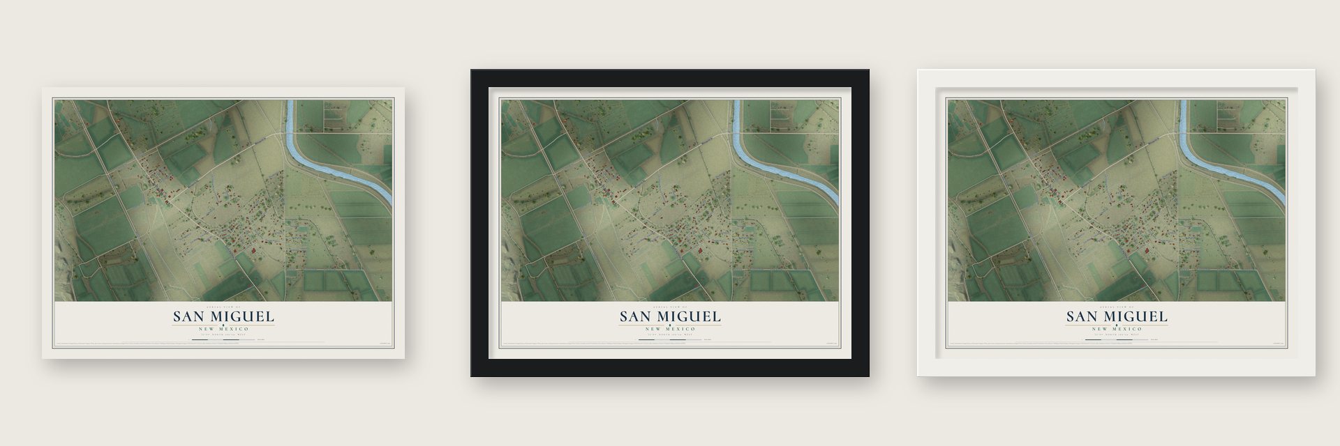 San Miguel, New Mexico map unframed, in a black wood frame and in a white wood frame