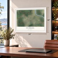 San Miguel, New Mexico map, 18 x 24 inch print in a white frame in a home office