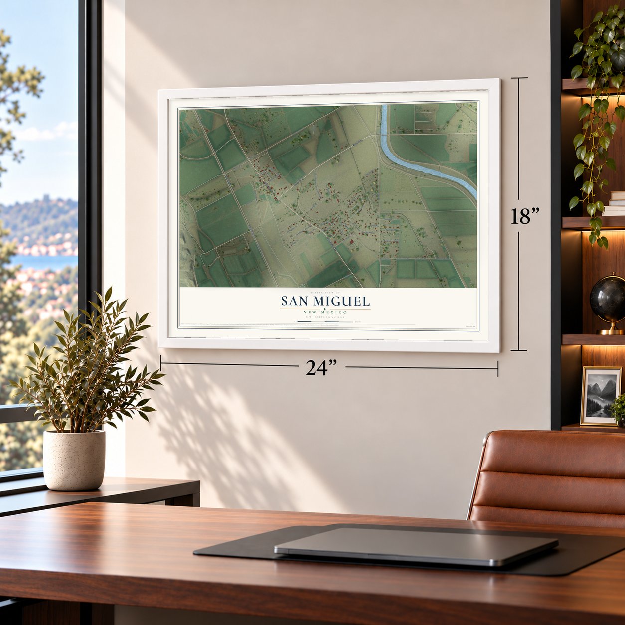San Miguel, New Mexico map, 18 x 24 inch print in a white frame in a home office