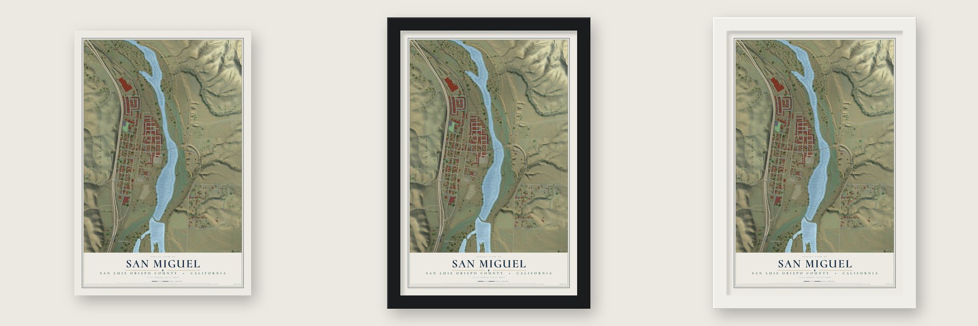 San Miguel, San Luis Obispo County, California map unframed, in a black wood frame and in a white wood frame