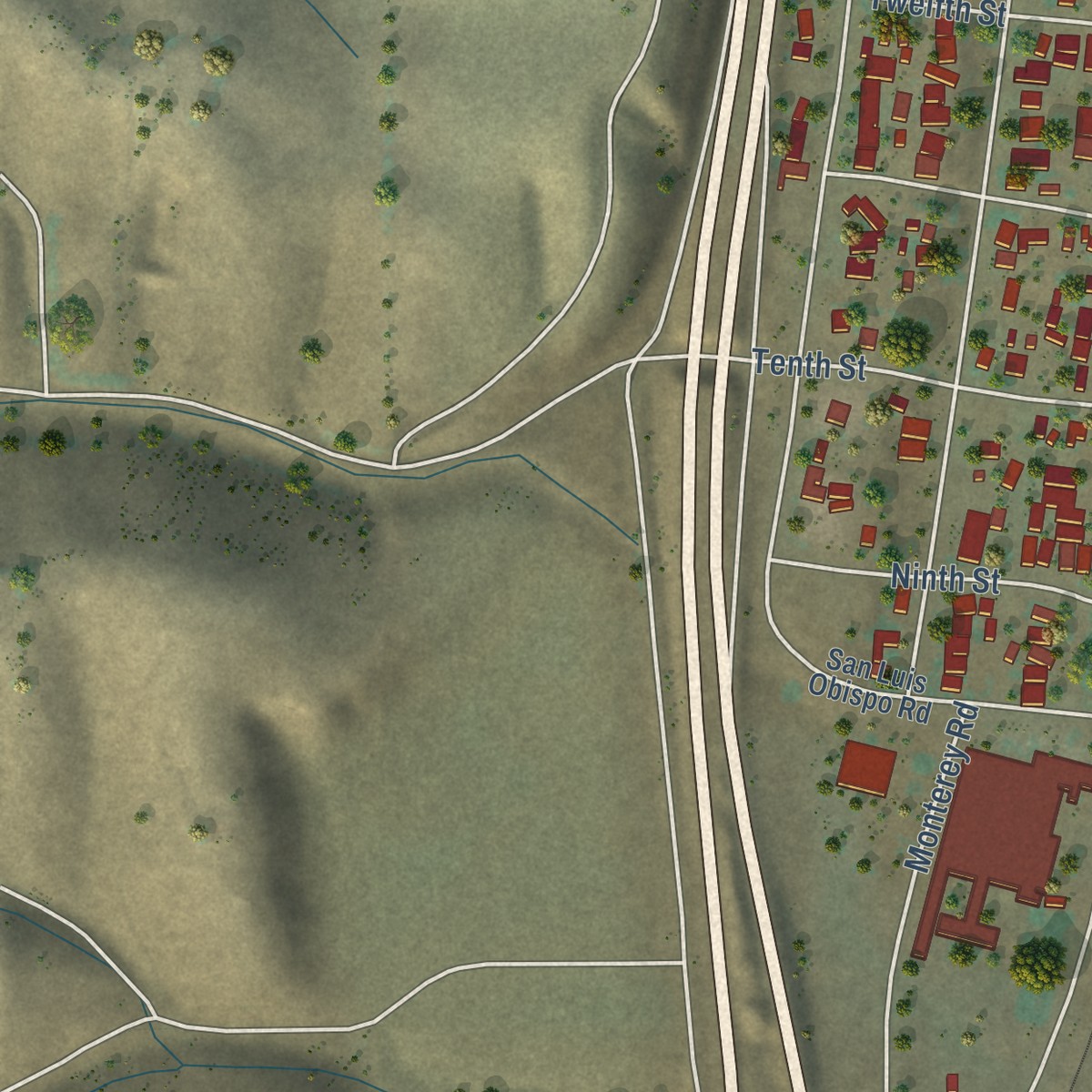 Second close-up of the map of San Miguel, San Luis Obispo County, California print showing more streets and buildings