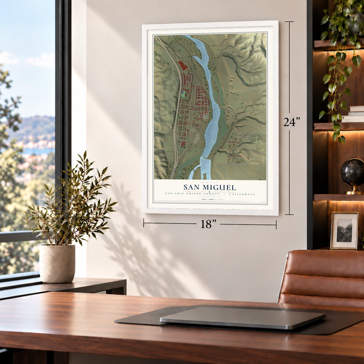 San Miguel, San Luis Obispo County, California map, 18 x 24 inch print in a white frame in a home office