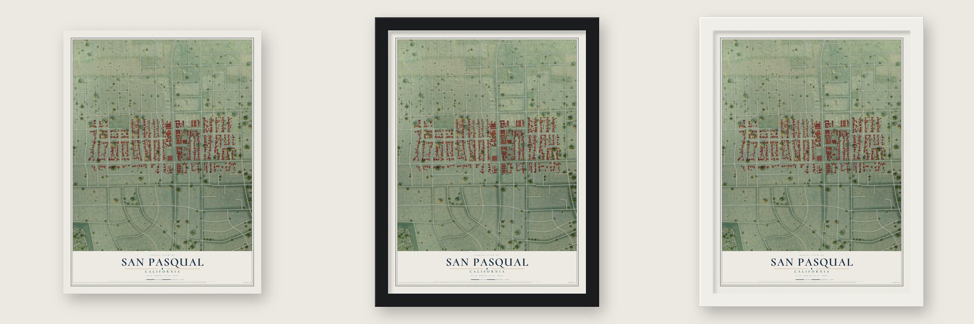 San Pasqual, California map unframed, in a black wood frame and in a white wood frame