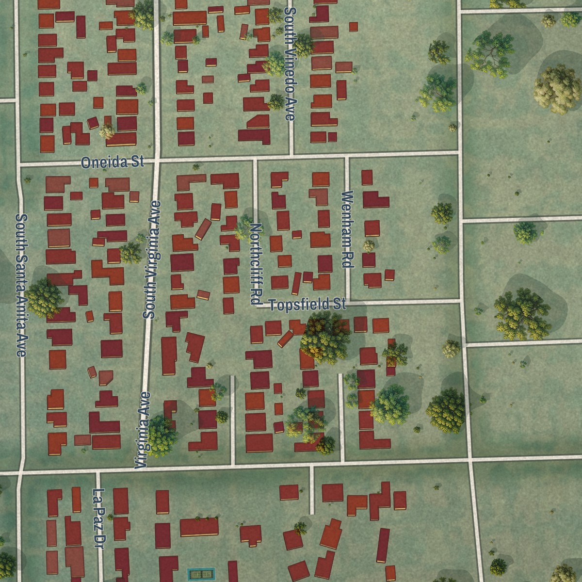 Second close-up of the map of San Pasqual, California print showing more streets and buildings