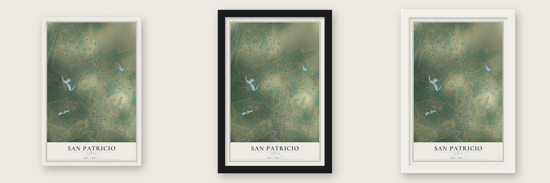 San Patricio, Texas map unframed, in a black wood frame and in a white wood frame