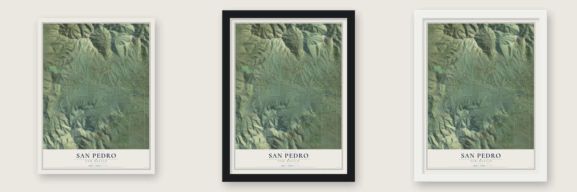 San Pedro, New Mexico map unframed, in a black wood frame and in a white wood frame