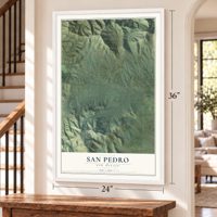 San Pedro, New Mexico map, 24 x 36 inch print in a white frame by a staircase