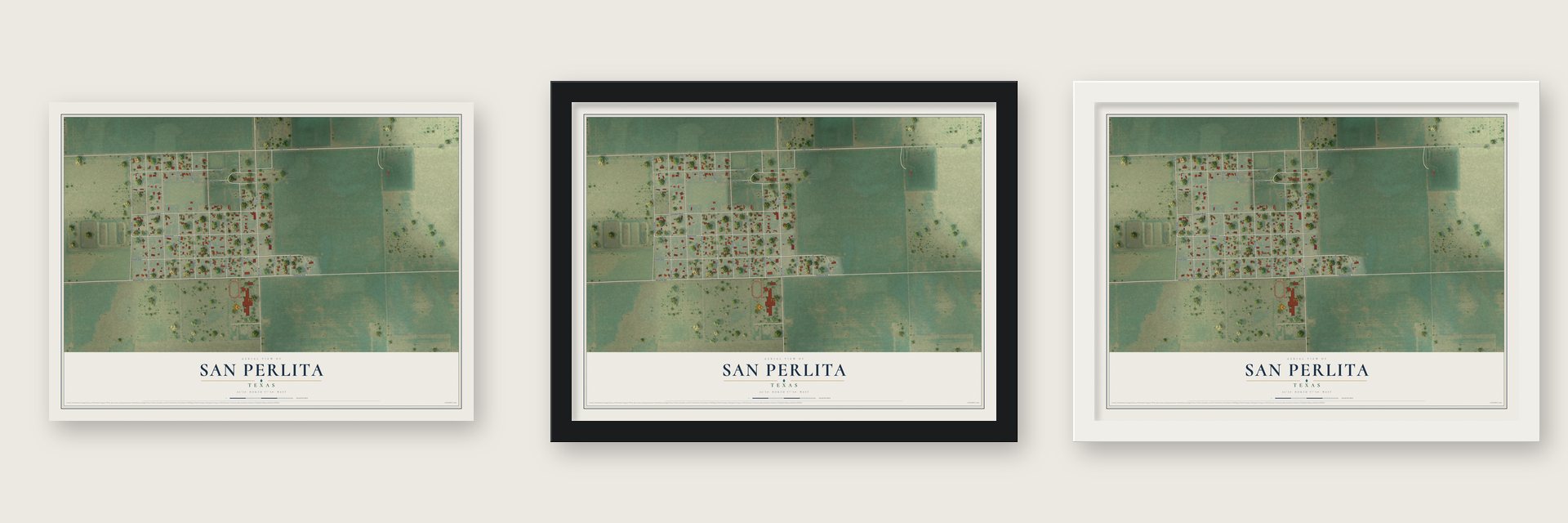 San Perlita, Texas map unframed, in a black wood frame and in a white wood frame