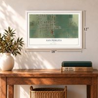 San Perlita, Texas map, 12 x 18 inch print in a white frame in an entryway