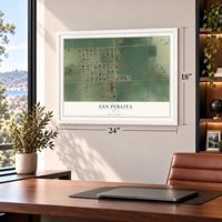 San Perlita, Texas map, 18 x 24 inch print in a white frame in a home office