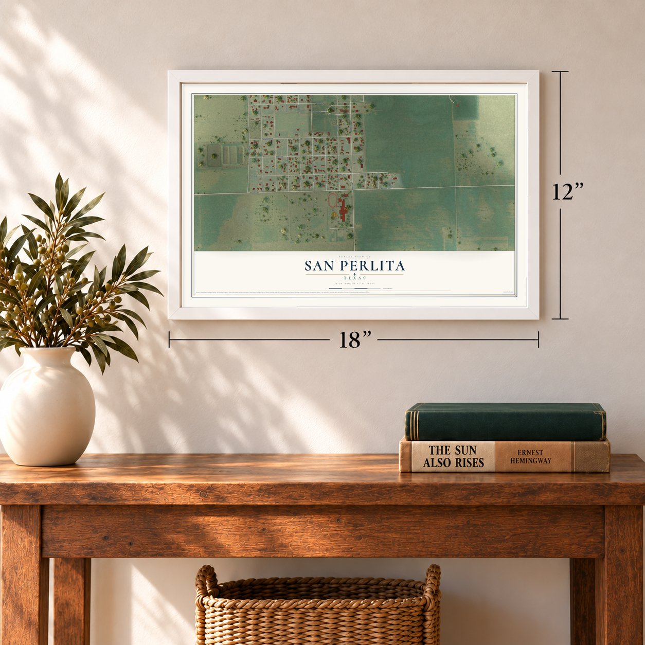 San Perlita, Texas map, 12 x 18 inch print in a white frame in an entryway