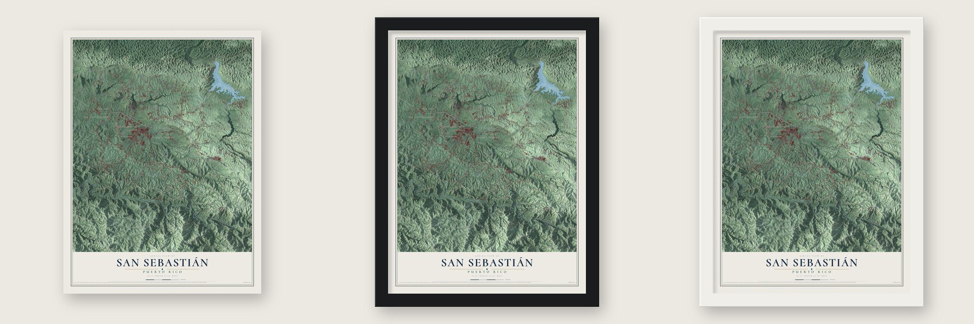 San Sebastián, Puerto Rico map unframed, in a black wood frame and in a white wood frame