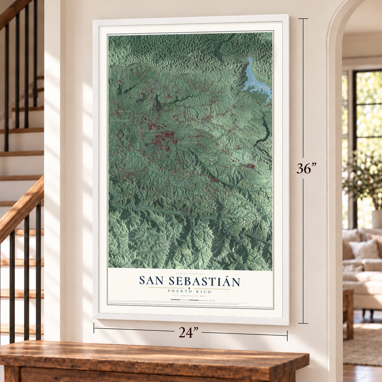 San Sebastián, Puerto Rico map, 24 x 36 inch print in a white frame by a staircase