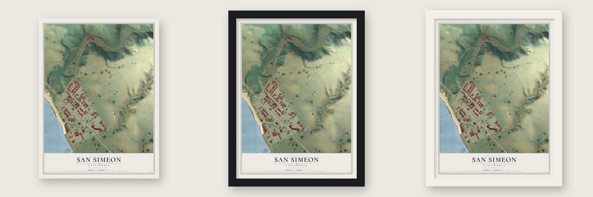 San Simeon, California map unframed, in a black wood frame and in a white wood frame