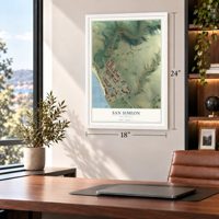 San Simeon, California map, 18 x 24 inch print in a white frame in a home office