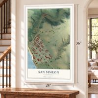 San Simeon, California map, 24 x 36 inch print in a white frame by a staircase