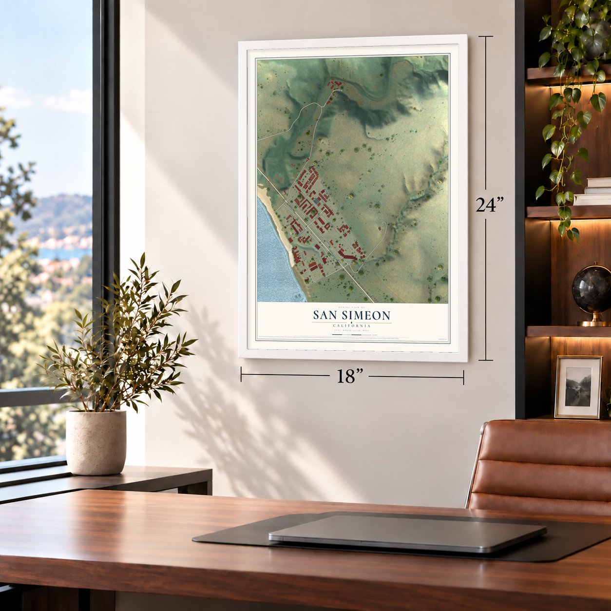 San Simeon, California map, 18 x 24 inch print in a white frame in a home office