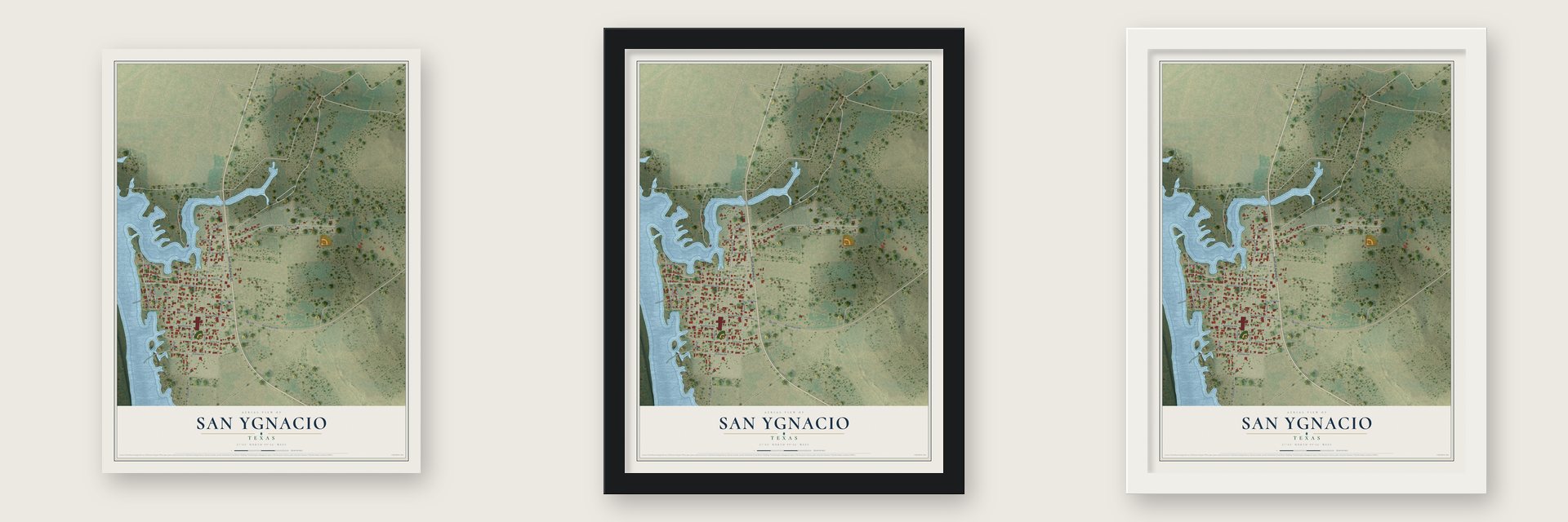 San Ygnacio, Texas map unframed, in a black wood frame and in a white wood frame